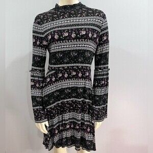 Long trumpet sleeve black and pink floral boho dress size medium